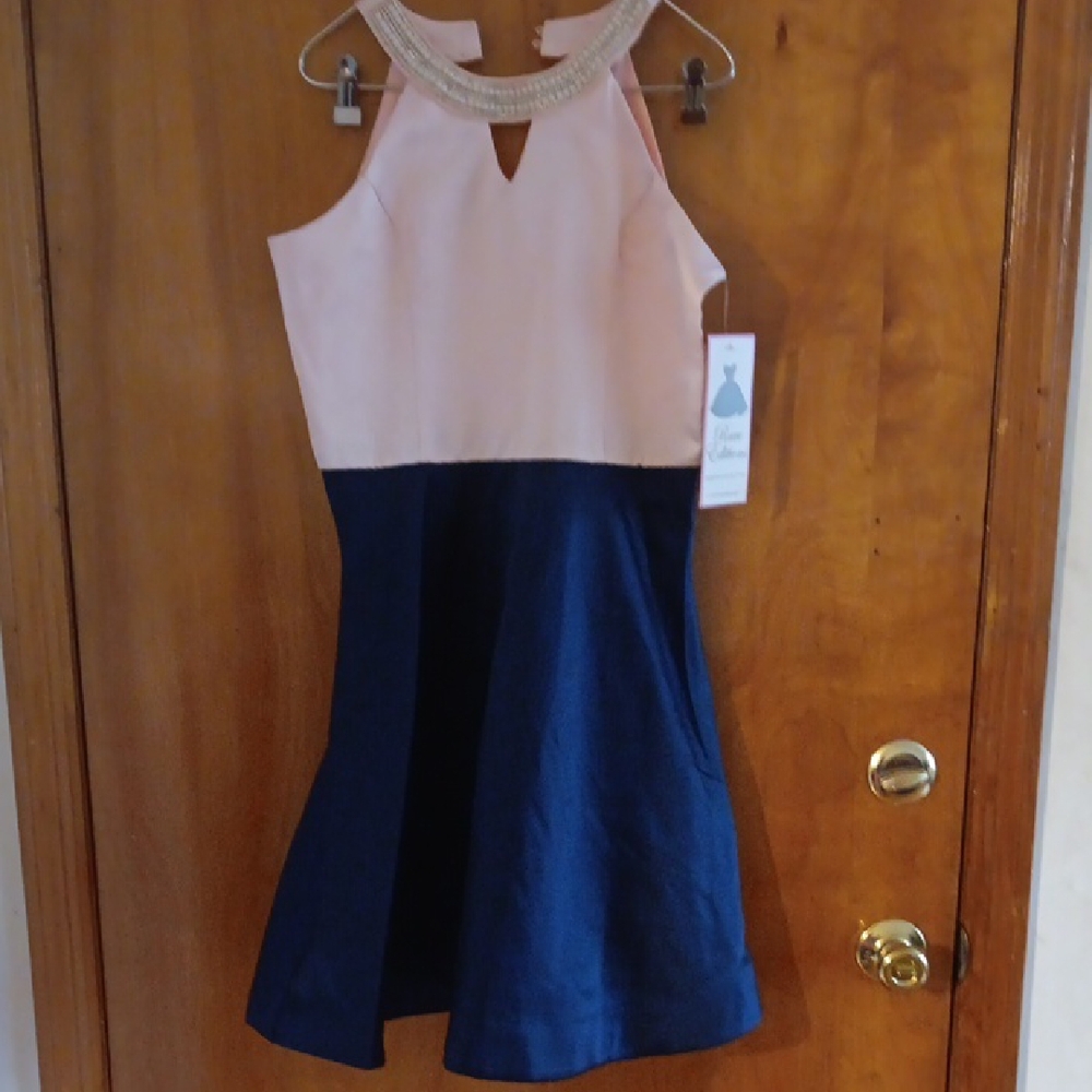 Rare Editions White and Blue Fit and Flare Cocktail Dress